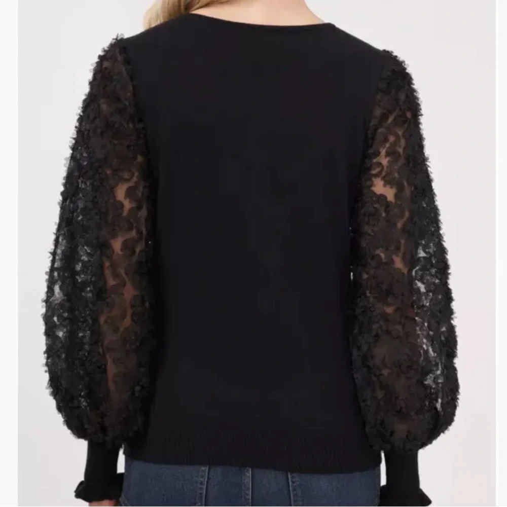 Cece Floral-Sleeve Mixed-Media Blouse Top In Black Size XS - Picture 2 of 6